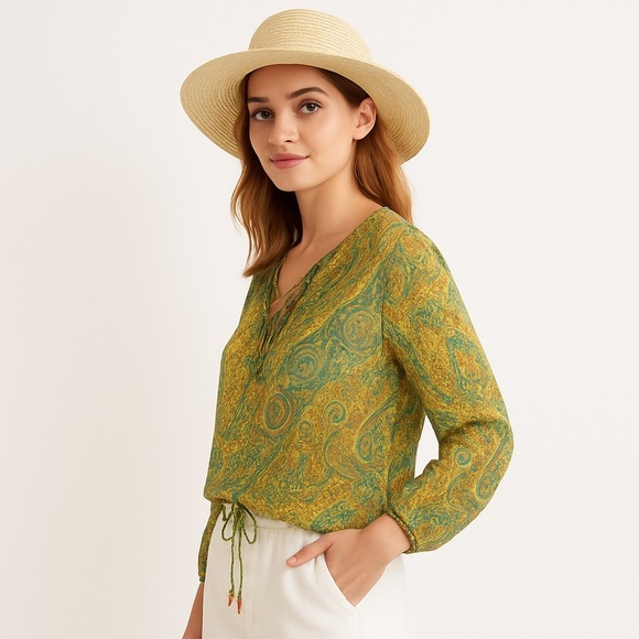 ZARA Sheer Boho Paisley Blouse Lace-Up Peasant Top (M) Green/Gold, Festival - Picture 4 of 9